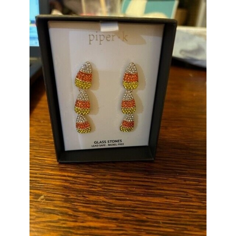 piper k Earrings Womens Pierced Halloween Candy Corn Glass Pave Dangly 2.25 Inch